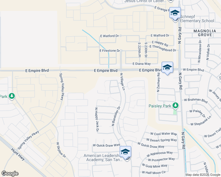 map of restaurants, bars, coffee shops, grocery stores, and more near 2346 West Arroyo Way in San Tan Valley