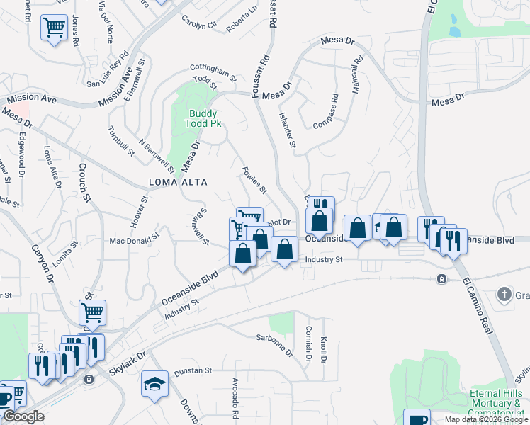 map of restaurants, bars, coffee shops, grocery stores, and more near 2642 Lancelot Drive in Oceanside