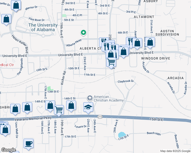 map of restaurants, bars, coffee shops, grocery stores, and more near 2409 11th Street East in Tuscaloosa