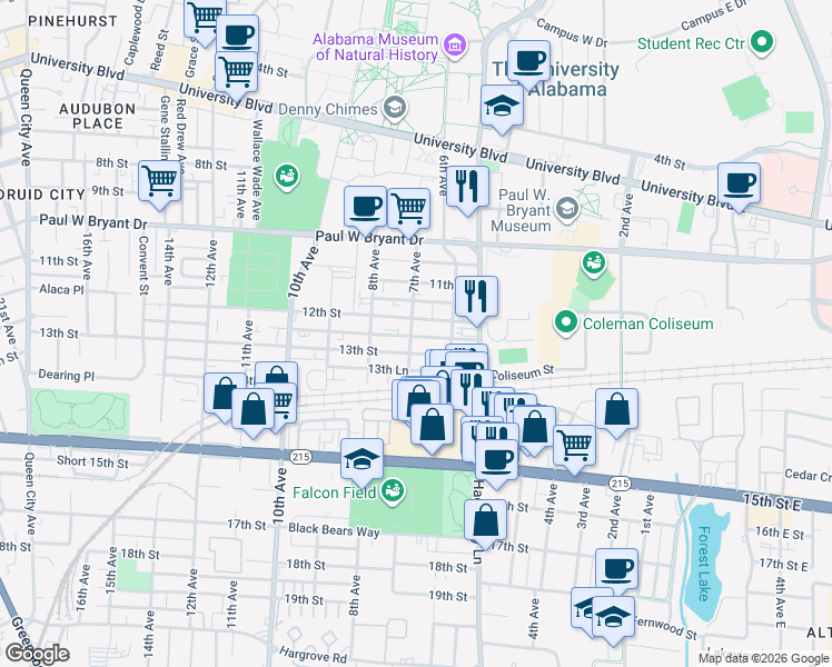 map of restaurants, bars, coffee shops, grocery stores, and more near 700 13th Street in Tuscaloosa
