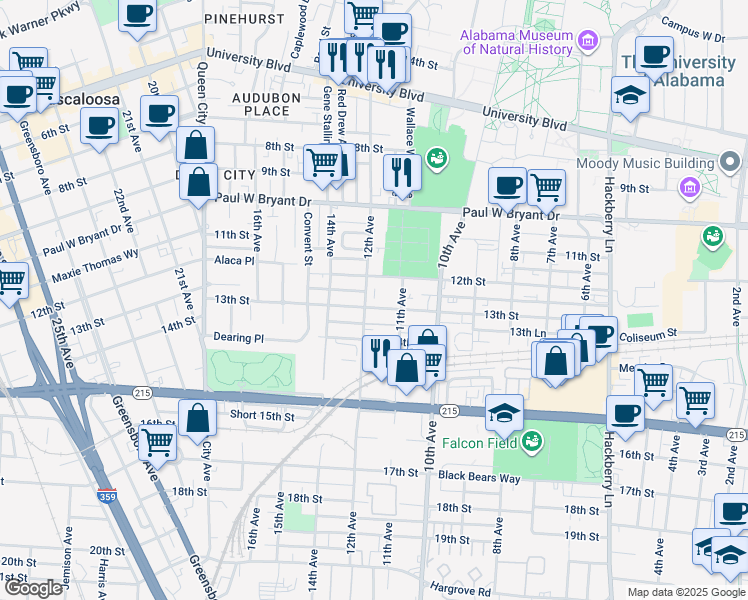 map of restaurants, bars, coffee shops, grocery stores, and more near 1151 13th Street in Tuscaloosa