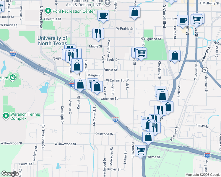 map of restaurants, bars, coffee shops, grocery stores, and more near 1315 Neff Street in Denton