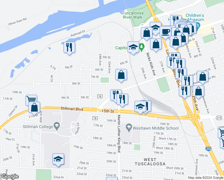 map of restaurants, bars, coffee shops, grocery stores, and more near 818A Cherokee Avenue in Tuscaloosa