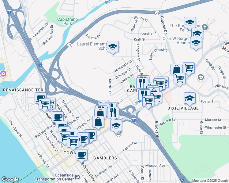 map of restaurants, bars, coffee shops, grocery stores, and more near 1320 Higgins Street in Oceanside