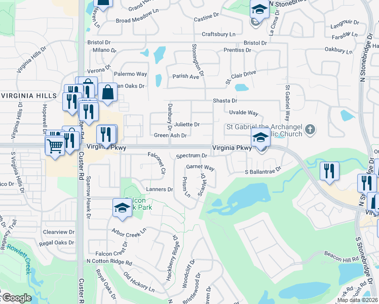 map of restaurants, bars, coffee shops, grocery stores, and more near 8415 Spectrum Drive in McKinney