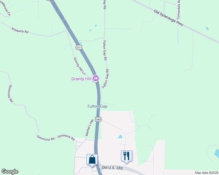 map of restaurants, bars, coffee shops, grocery stores, and more near 90 Fulton Gap Road in Sylacauga