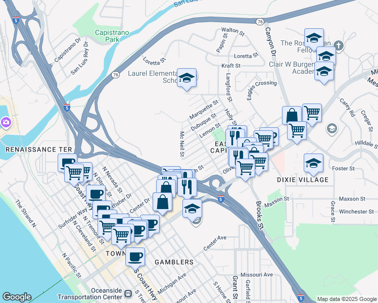 map of restaurants, bars, coffee shops, grocery stores, and more near 1320 Higgins Street in Oceanside