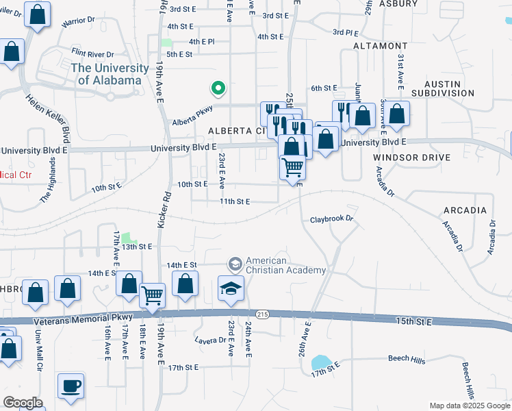 map of restaurants, bars, coffee shops, grocery stores, and more near 2409 11th Street East in Tuscaloosa