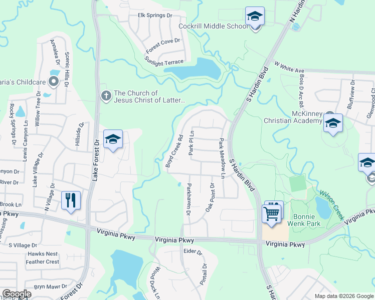 map of restaurants, bars, coffee shops, grocery stores, and more near 705 Park Place Lane in McKinney