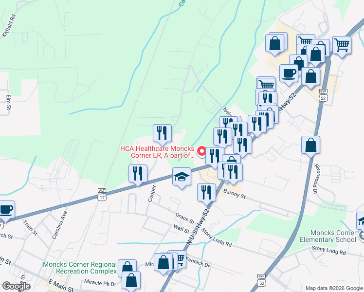 map of restaurants, bars, coffee shops, grocery stores, and more near 116 McTee Lane in Moncks Corner
