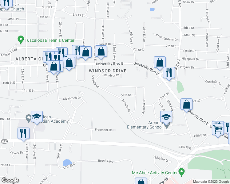 map of restaurants, bars, coffee shops, grocery stores, and more near 3200 Arcadia Drive in Tuscaloosa