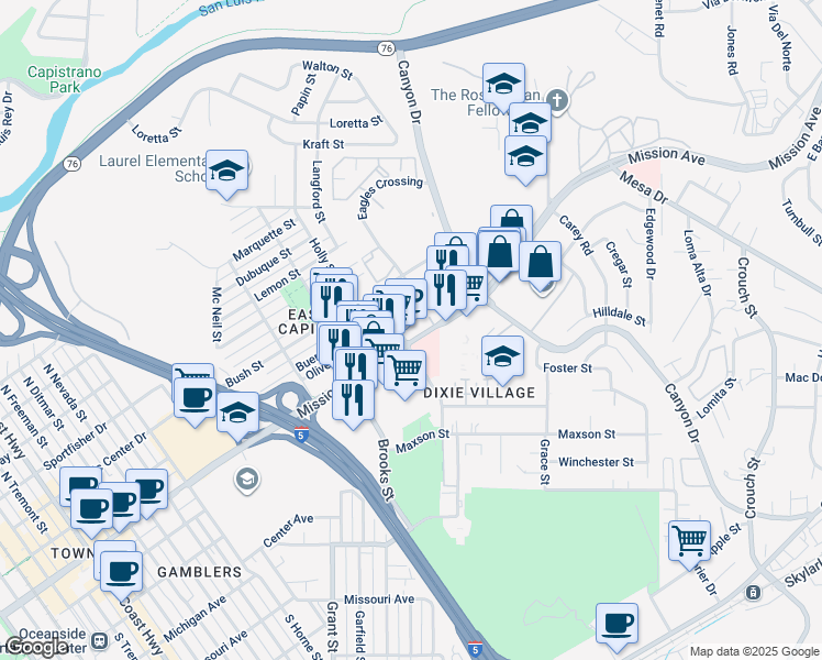 map of restaurants, bars, coffee shops, grocery stores, and more near 1527 Mission Avenue in Oceanside