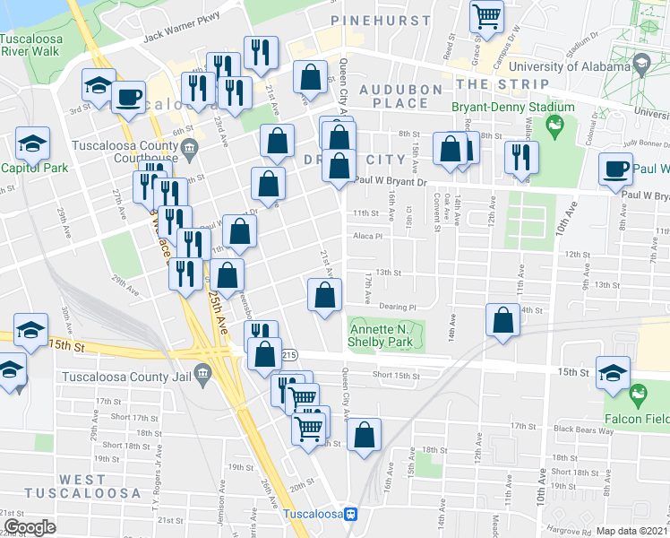 map of restaurants, bars, coffee shops, grocery stores, and more near 21 Trevor S Phillips Avenue in Tuscaloosa