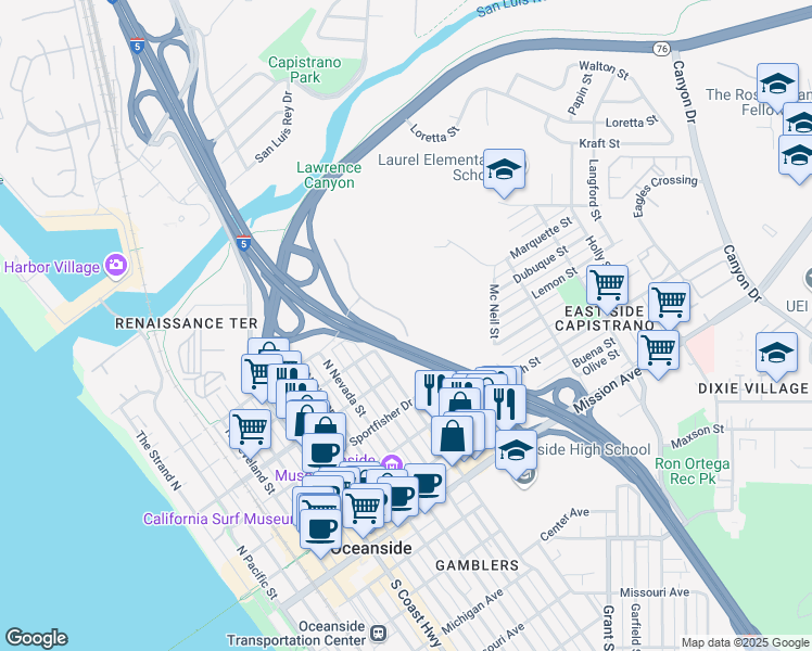 map of restaurants, bars, coffee shops, grocery stores, and more near 750 Harbor Cliff Way in Oceanside