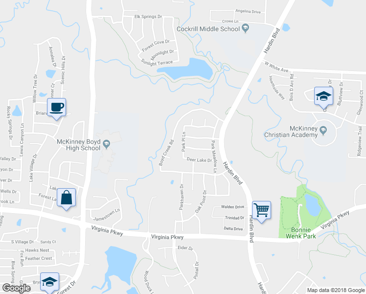 map of restaurants, bars, coffee shops, grocery stores, and more near Park Place Lane in McKinney