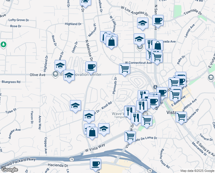 map of restaurants, bars, coffee shops, grocery stores, and more near 380 Plymouth Drive in Vista