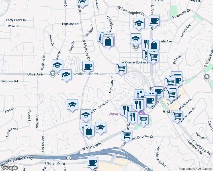 map of restaurants, bars, coffee shops, grocery stores, and more near 380 Plymouth Drive in Vista