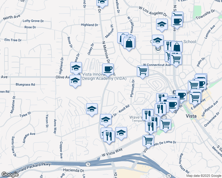 map of restaurants, bars, coffee shops, grocery stores, and more near 552 Olive Avenue in Vista
