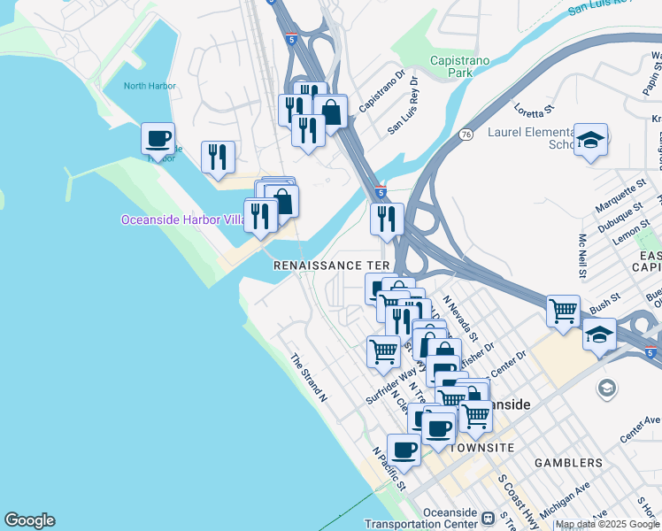 map of restaurants, bars, coffee shops, grocery stores, and more near 1016 Costa Pacifica Way in Oceanside