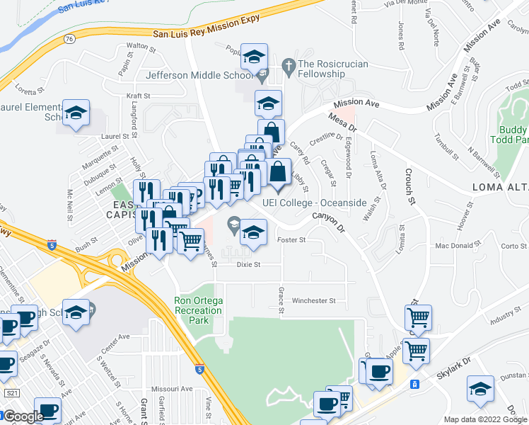 map of restaurants, bars, coffee shops, grocery stores, and more near 147 Canyon Dr in Oceanside