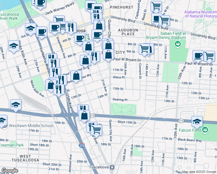 map of restaurants, bars, coffee shops, grocery stores, and more near 2005 13th Street in Tuscaloosa