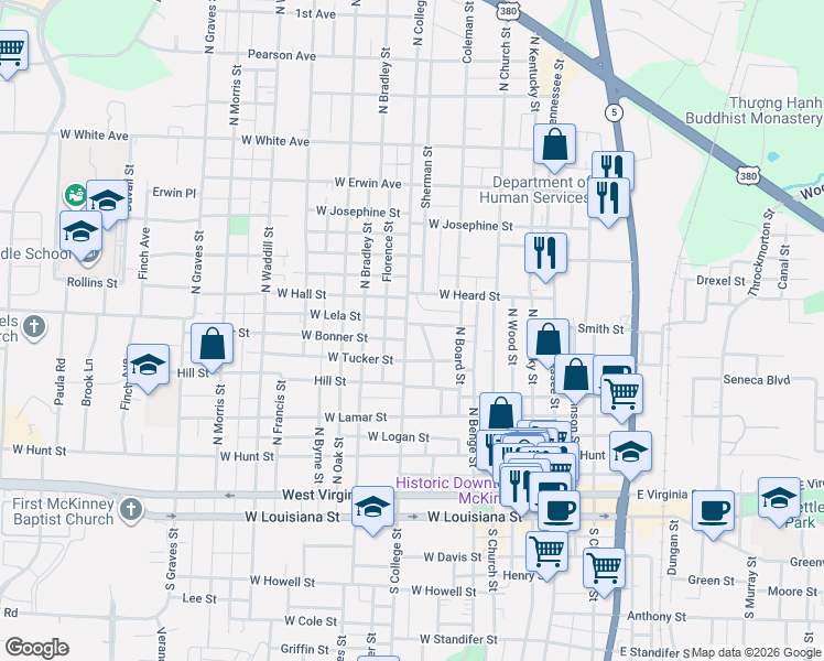 map of restaurants, bars, coffee shops, grocery stores, and more near 801 North College Street in McKinney