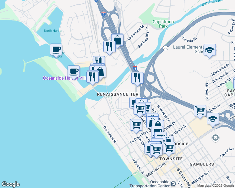 map of restaurants, bars, coffee shops, grocery stores, and more near 1016 Costa Pacifica Way in Oceanside