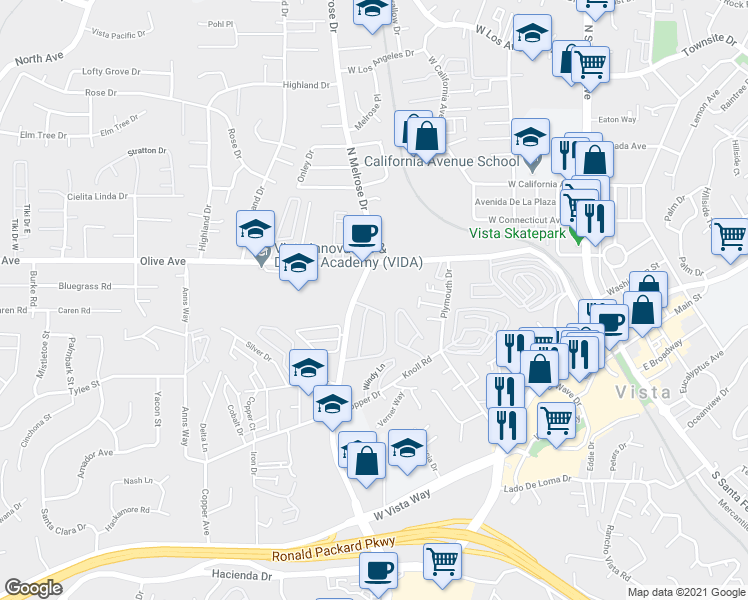 map of restaurants, bars, coffee shops, grocery stores, and more near in Vista