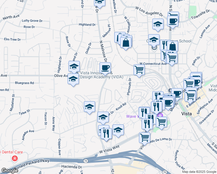 map of restaurants, bars, coffee shops, grocery stores, and more near 391 North Melrose Drive in Vista