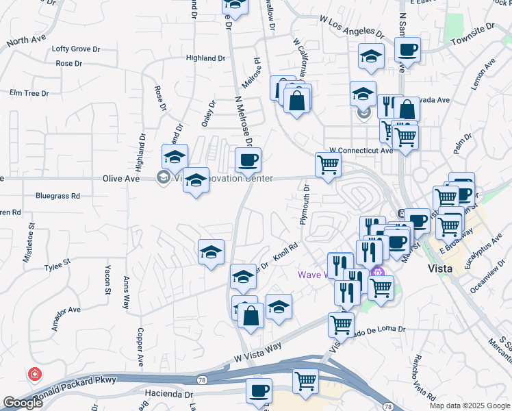 map of restaurants, bars, coffee shops, grocery stores, and more near 552 Olive Avenue in Vista