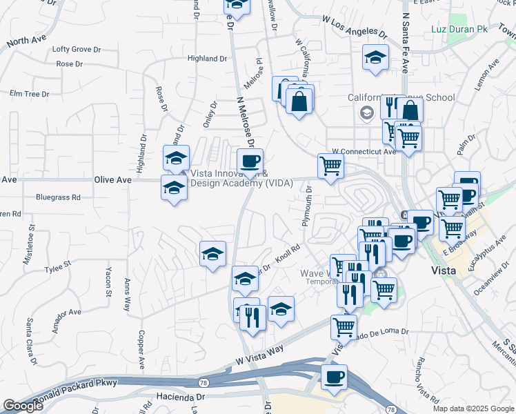 map of restaurants, bars, coffee shops, grocery stores, and more near 387 North Melrose Drive in Vista