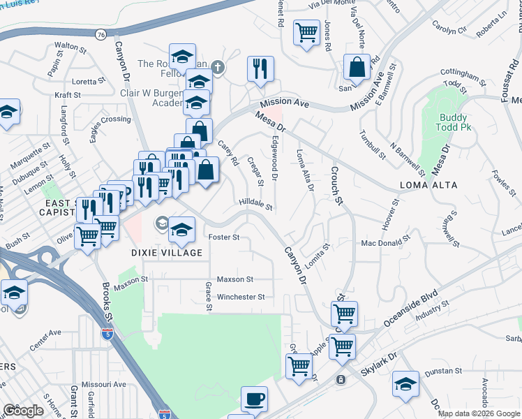 map of restaurants, bars, coffee shops, grocery stores, and more near 2245 Hilldale Street in Oceanside