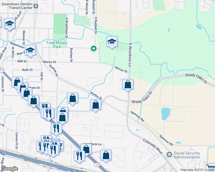 map of restaurants, bars, coffee shops, grocery stores, and more near 941 Scott Drive in Denton