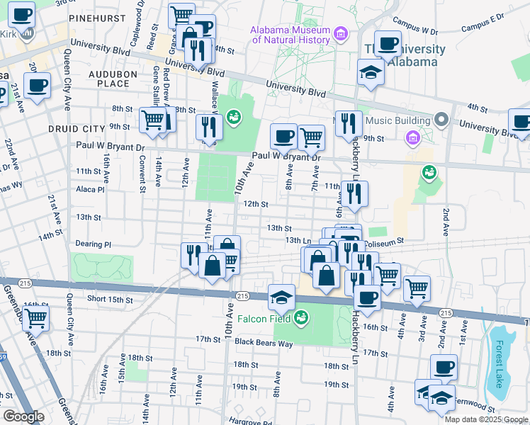 map of restaurants, bars, coffee shops, grocery stores, and more near 899 12th Street in Tuscaloosa