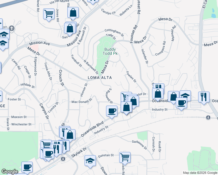 map of restaurants, bars, coffee shops, grocery stores, and more near 2 South Barnwell Street in Oceanside