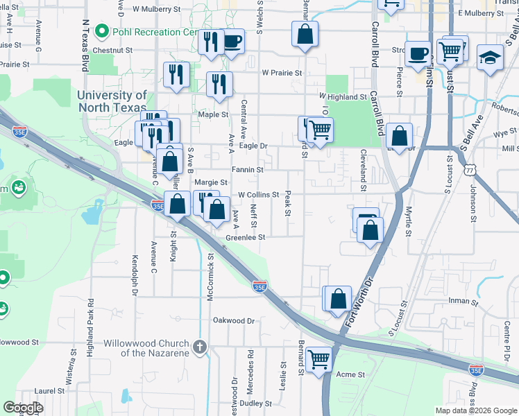map of restaurants, bars, coffee shops, grocery stores, and more near 1111 Neff Street in Denton