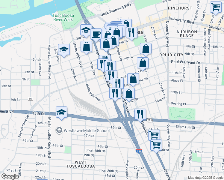 map of restaurants, bars, coffee shops, grocery stores, and more near 2565 11th Street in Tuscaloosa