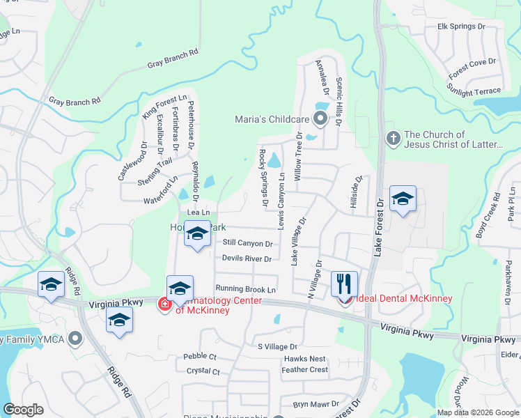 map of restaurants, bars, coffee shops, grocery stores, and more near 521 Rocky Springs Drive in McKinney
