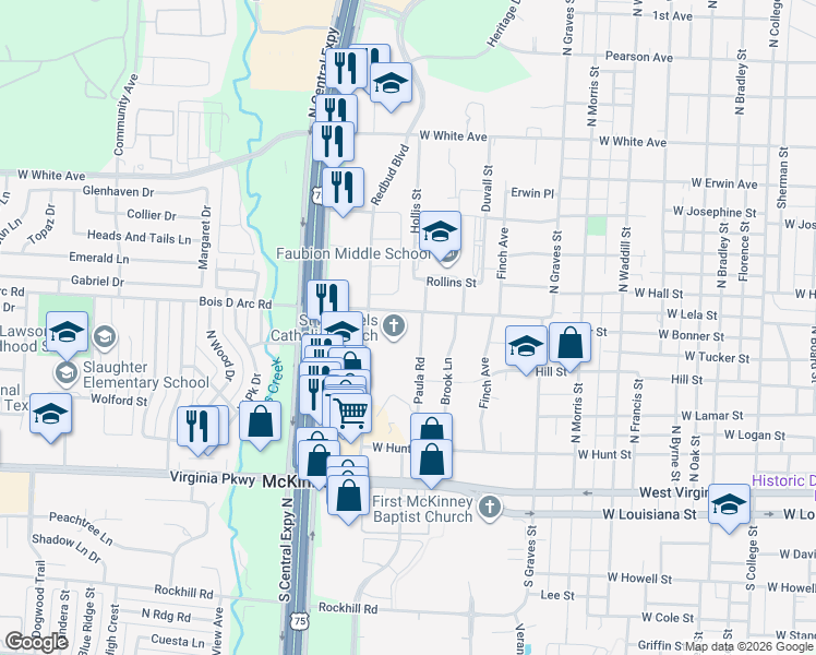 map of restaurants, bars, coffee shops, grocery stores, and more near 411 Paula Road in McKinney