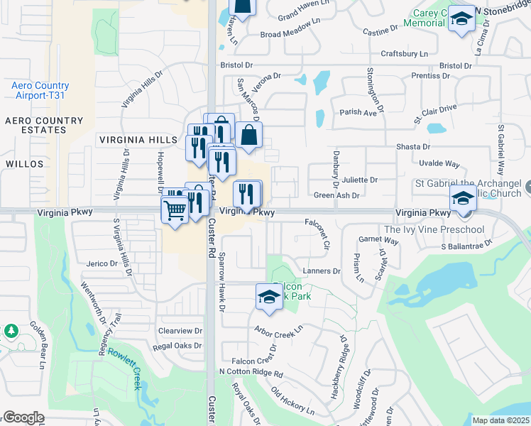 map of restaurants, bars, coffee shops, grocery stores, and more near 8731 Virginia Parkway in McKinney