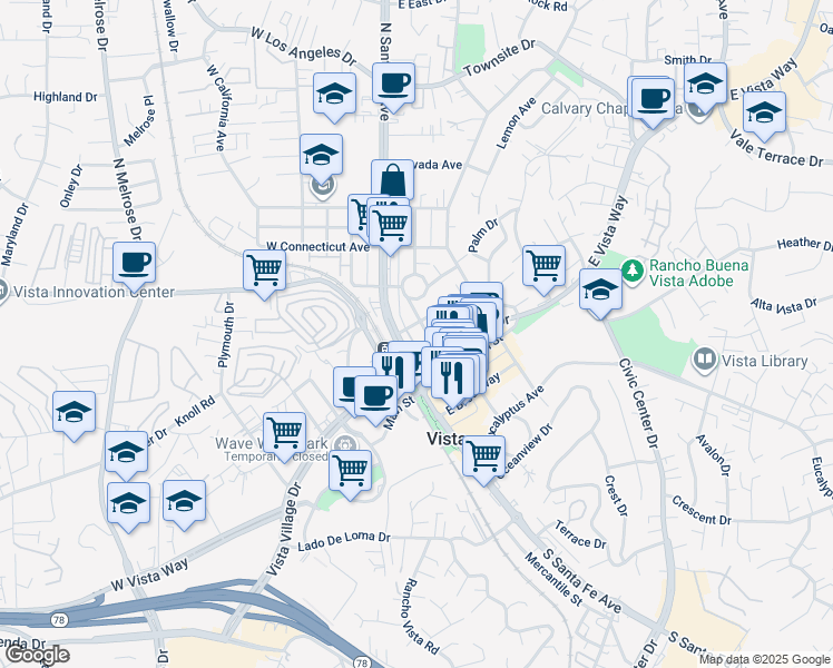 map of restaurants, bars, coffee shops, grocery stores, and more near 218 Washington Street in Vista