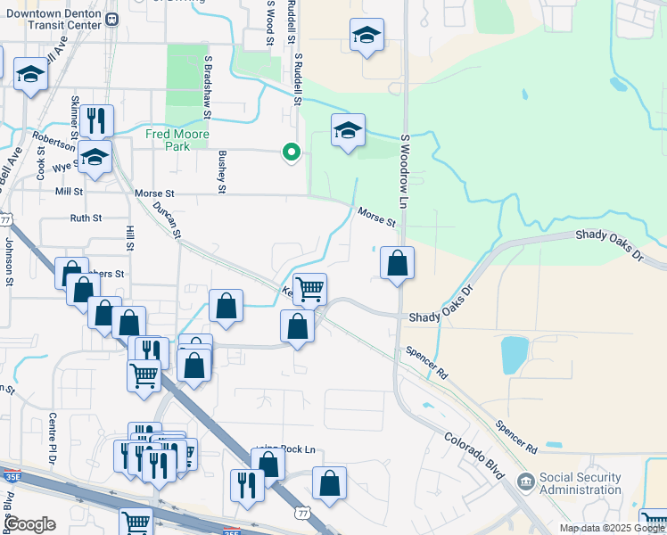 map of restaurants, bars, coffee shops, grocery stores, and more near 941 Scott Drive in Denton