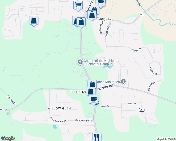 map of restaurants, bars, coffee shops, grocery stores, and more near 8452 Highway 119 in Alabaster