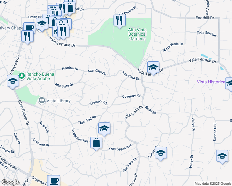 map of restaurants, bars, coffee shops, grocery stores, and more near 387 Girard Way in Vista