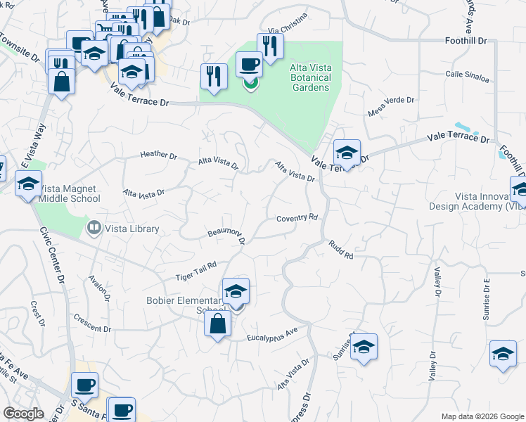 map of restaurants, bars, coffee shops, grocery stores, and more near 387 Girard Way in Vista
