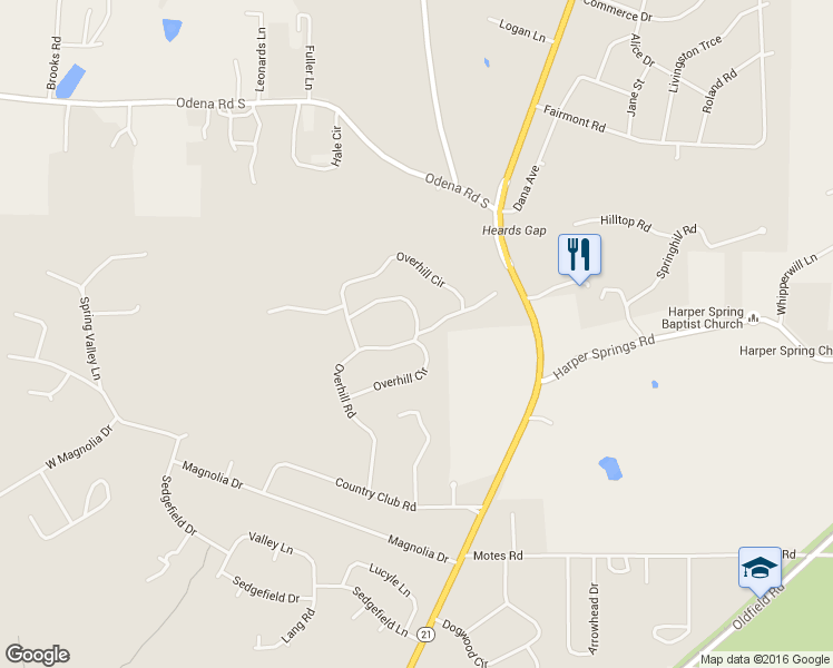 map of restaurants, bars, coffee shops, grocery stores, and more near 2653 Overhill Circle in Sylacauga