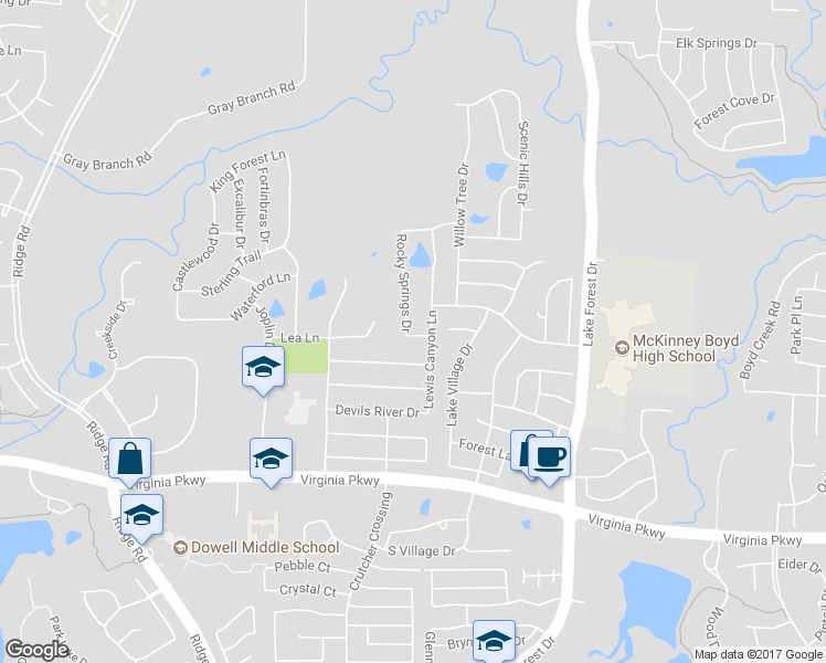 map of restaurants, bars, coffee shops, grocery stores, and more near 500 Rocky Springs Drive in McKinney