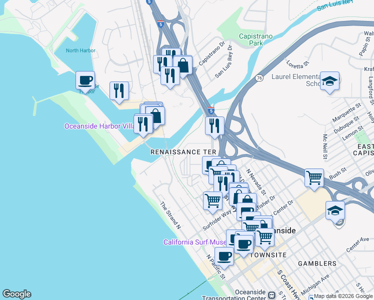 map of restaurants, bars, coffee shops, grocery stores, and more near 1019 Costa Pacifica Way in Oceanside