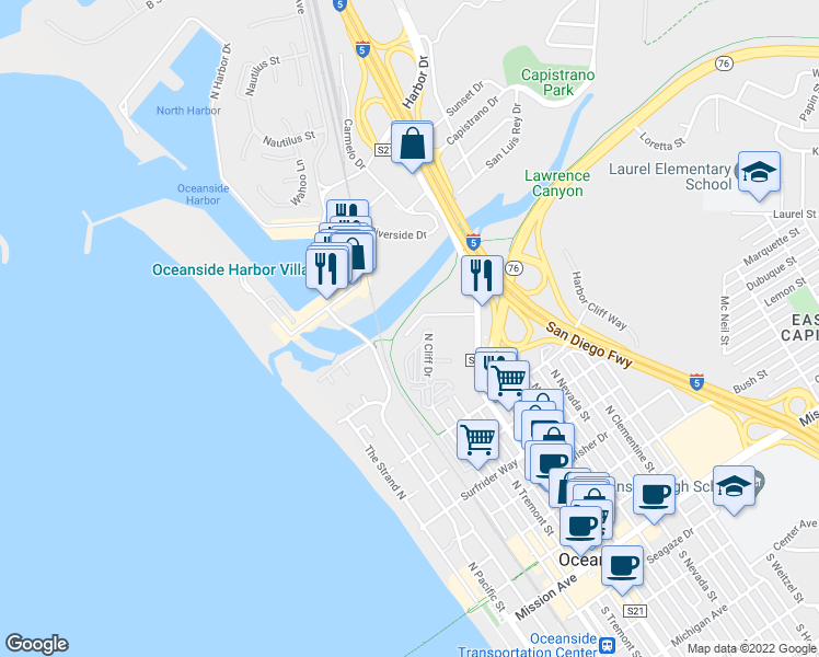 map of restaurants, bars, coffee shops, grocery stores, and more near 1016 Costa Pacifica Way in Oceanside