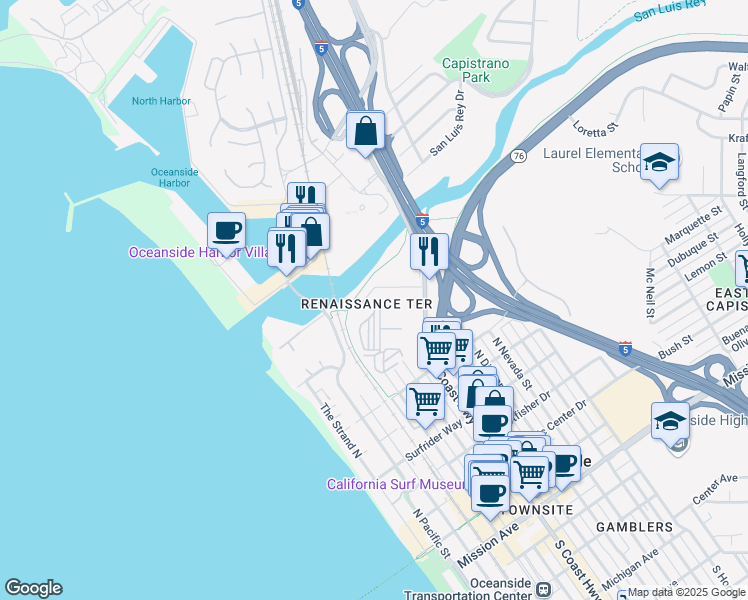 map of restaurants, bars, coffee shops, grocery stores, and more near 1019 Costa Pacifica Way in Oceanside
